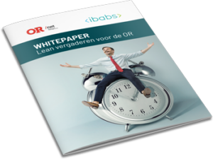 A person sits on a large clock, arms spread. The booklet is titled "WHITEPAPER Lean vergaderen voor de OR" by iBabs and OR.