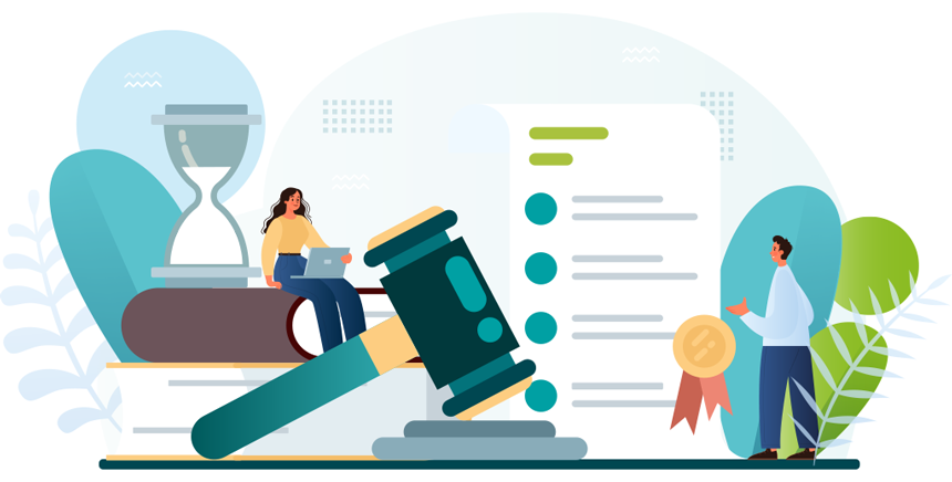 Two people with a laptop and document. A large gavel, hourglass, and books symbolize law and time in an abstract, colorful setting.