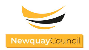 A logo with yellow and black swooshes above "Newquay Council" in yellow and black text on a yellow rectangular background.