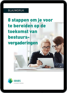 Two people review a tablet in a bright office. Text in Dutch discusses preparing for future board meetings. iBABS branding is visible.