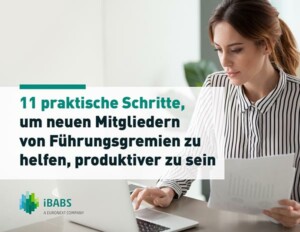A person sits at a desk reading documents. The text promotes 11 practical steps for board members to increase productivity, featuring the iBABS logo.