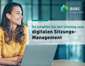 A person using a laptop, wearing earphones, with text promoting digital meeting management by iBABS, a Euronext company, on the right side.