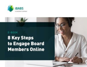 A person wearing glasses and a headset smiles while taking notes. Title: "8 Key Steps to Engage Board Members Online."