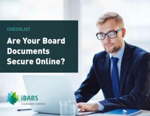 A person in a formal suit and glasses uses a laptop. Text reads, "Are Your Board Documents Secure Online?" iBABS logo in corner.