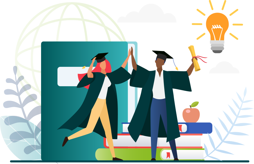 Two people in graduation attire celebrate, high-fiving. They stand near books, diploma, globe, apple, and a lit bulb, symbolizing education and ideas.