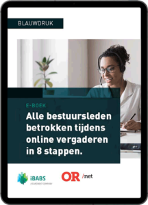 A person wearing a headset with a laptop appears on an ebook cover about engaging directors in online meetings, featuring logos and Dutch text.