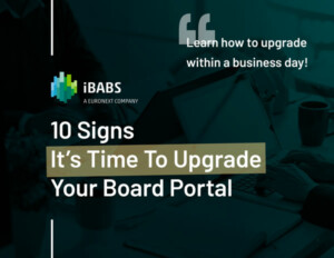 The image promotes iBABS, highlighting "10 Signs It's Time To Upgrade Your Board Portal," with a laptop and coffee cups in the background.
