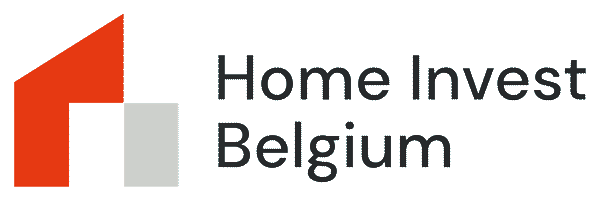 The image shows a logo for Home Invest Belgium, featuring a red and gray geometric design adjacent to the text.
