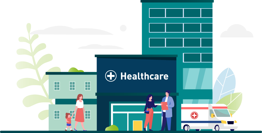 An illustration of a healthcare facility with people, an ambulance, and green surroundings. Two people converse outside. A person and child walk nearby.