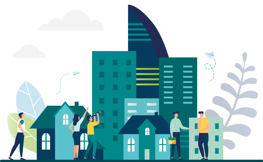 A vibrant illustration shows people interacting among diverse buildings, leafy plants, and paper airplanes, symbolizing community and urban development.