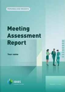 Cover of a "Meeting Assessment Report" with silhouettes of three people in conversation. Includes branding of iBABS, a Bunnest company.