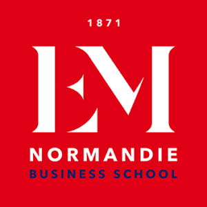 Red and white logo displaying "EM Normandie Business School, 1871," with a bold, modern design. Prominent letters "EM" are featured centrally.