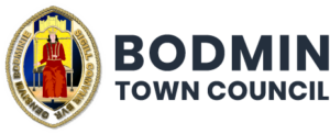 The Bodmin Town Council logo features a seated person in red attire with the council's name encircling the central image.