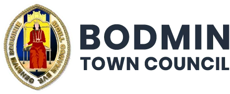 The Bodmin Town Council logo features a seated person in red attire with the council's name encircling the central image.