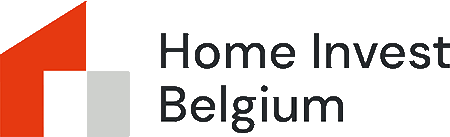 Logo of "Home Invest Belgium" featuring a stylized, red and gray geometric design next to the text in a modern font.