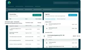 A digital interface displays an agenda and overview with scheduled meetings, including dates and times, for October and November 2023.