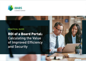 Two people at a desk using a laptop, with text discussing board portals, efficiency, and security. iBABS branding is visible in the corner.