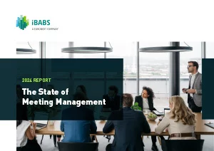 A group of people in a modern office setting having a meeting. The text mentions "2024 Report: The State of Meeting Management."