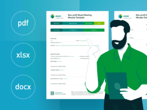 Illustrated person pointing to a non-profit board meeting minutes template, with file format options PDF, XLSX, DOCX shown on a blue background.