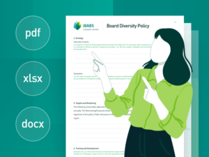 A person gestures towards a Board Diversity Policy document. Icons for PDF, XLSX, and DOCX file formats are visible on a green background.