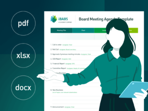 A person gestures towards a digital board meeting agenda template. Icons for PDF, XLSX, and DOCX file formats are displayed alongside.