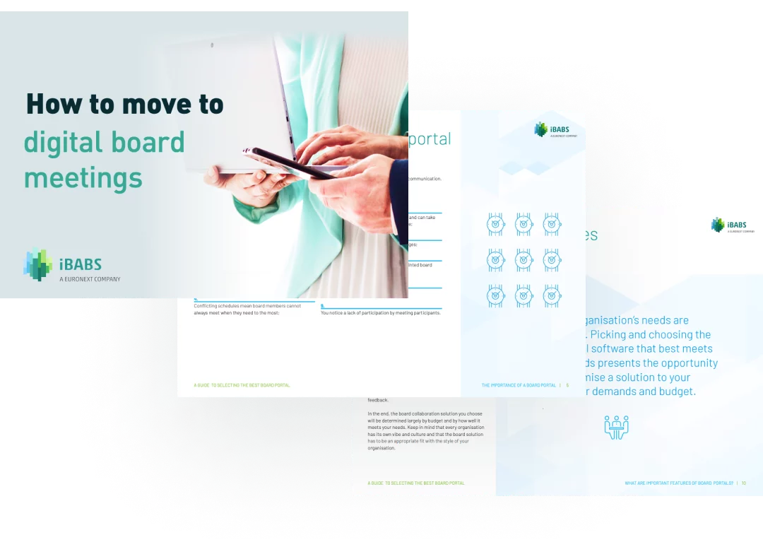 A digital brochure titled "How to move to digital board meetings" by iBABS, showing a person using a tablet, with informational graphics.