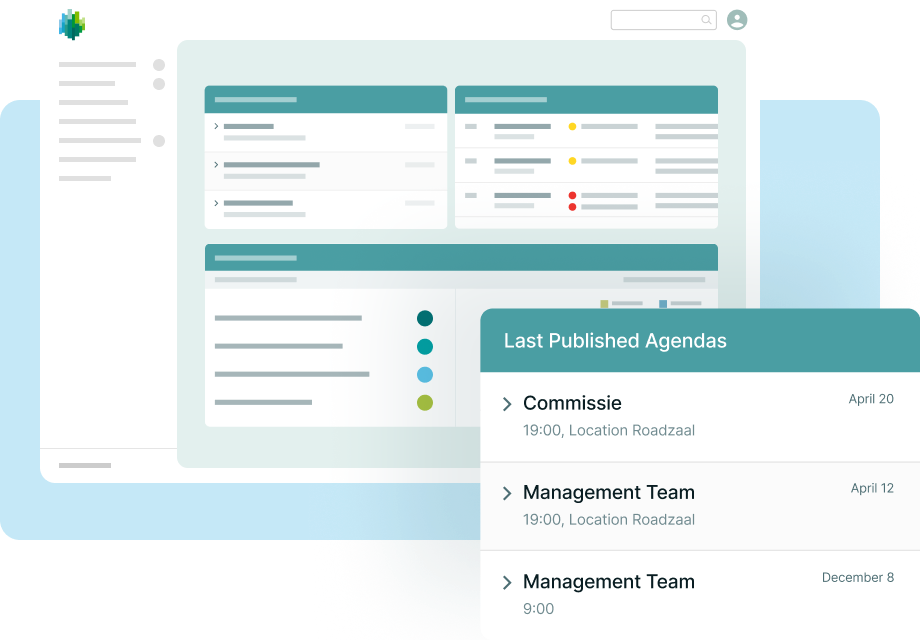 A digital dashboard displays agenda items and dates for "Commissie" meetings, featuring organized lists and color-coded indicators against a blue background.