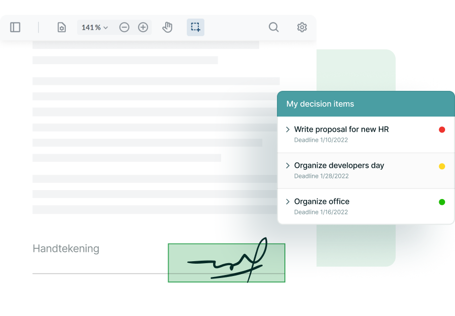 Digital document with a handwritten signature, list of tasks with deadlines, and status indicators for organizing and proposal writing, displayed on screen.