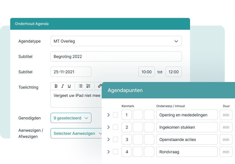 Screenshot of an agenda management interface in Dutch, displaying meeting details, agenda points, and a participant selection feature for scheduling purposes.