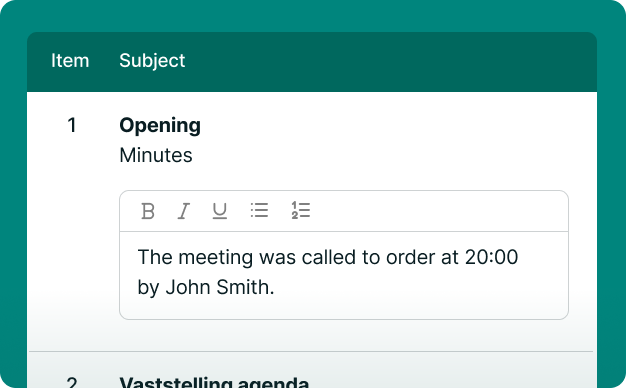 Meeting agenda screenshot showing "Opening" section. Meeting started at 20:00 by a person named John Smith. Text formatted in bulleted style.
