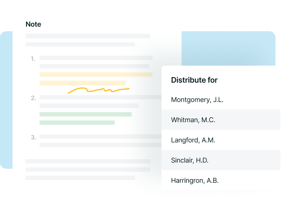 Digital document with highlighted text and a sidebar listing names: Montgomery, Whitman, Langford, Sinclair, Harringron. Features organizational and note-taking elements.