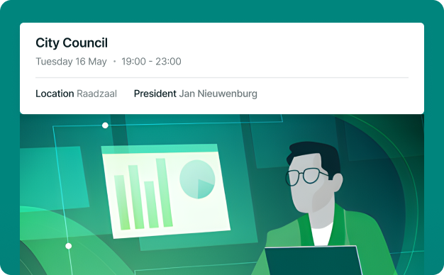 Event announcement for a city council meeting on May 16, 19:00-23:00 at Raadszaal. A person is analyzing data on a laptop.