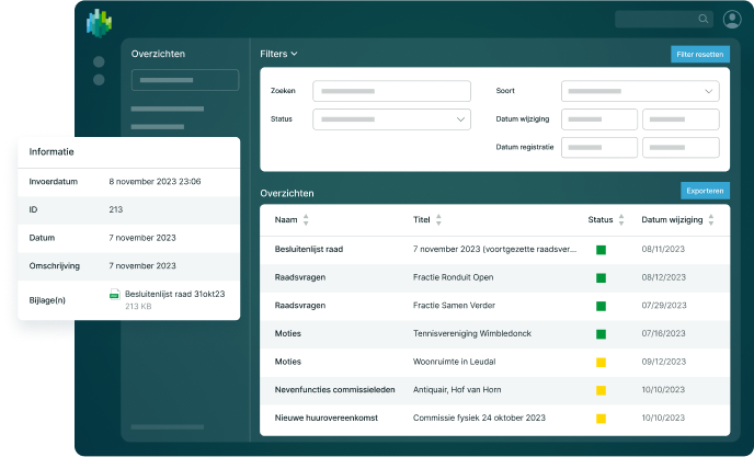 Ein Screenshot einer Software-Oberfläche mit Tabellen und Filtern. Enthält Informationen wie ID, Datum und Status von Beschlüssen und Anfragen.