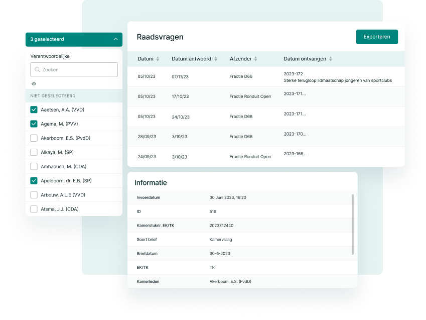 An interface displaying council questions, answer dates, and sender information, with an information section detailing submission and identification details.