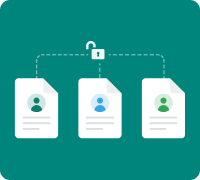 Three documents connected with dashed lines, a lock icon above them. Each document has a generic profile icon in varied colors on a green background.