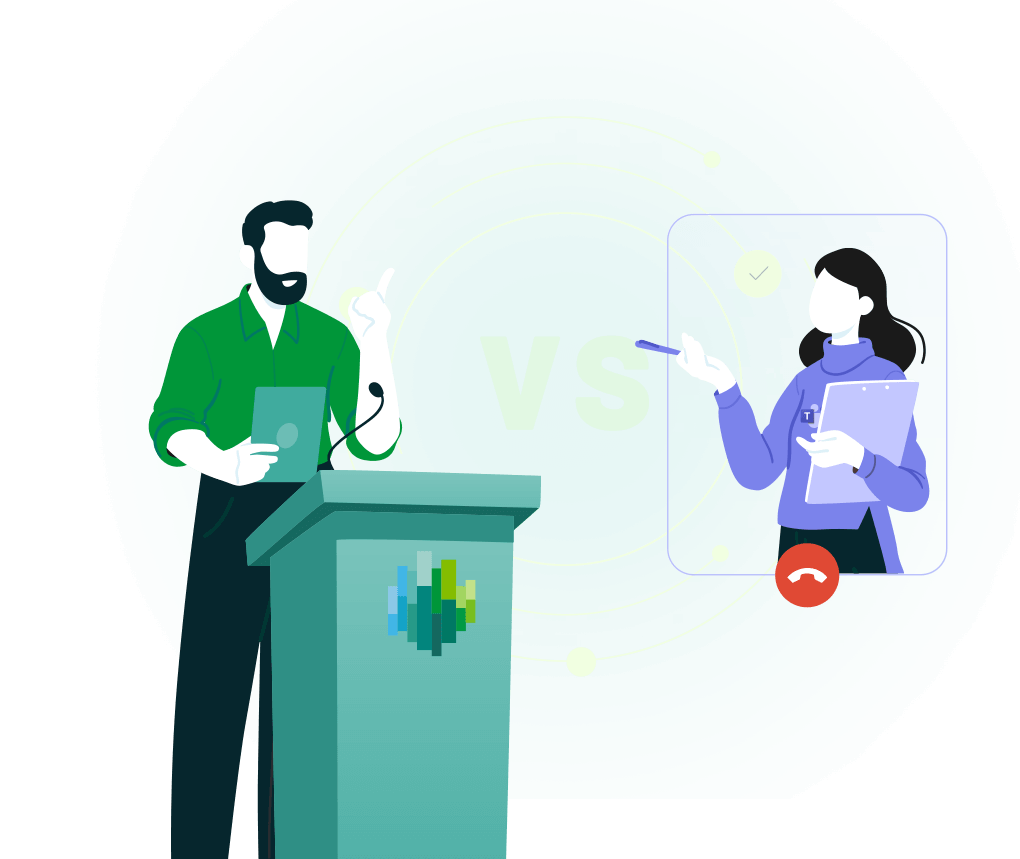 A person at a podium debates with another person on a video call, both gesturing, "VS" highlighted between them.