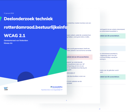Cover and pages of a WCAG 2.1 report by Gemeenteraad van Rotterdam. Text is visible with highlighted sections and a colorful geometric design.