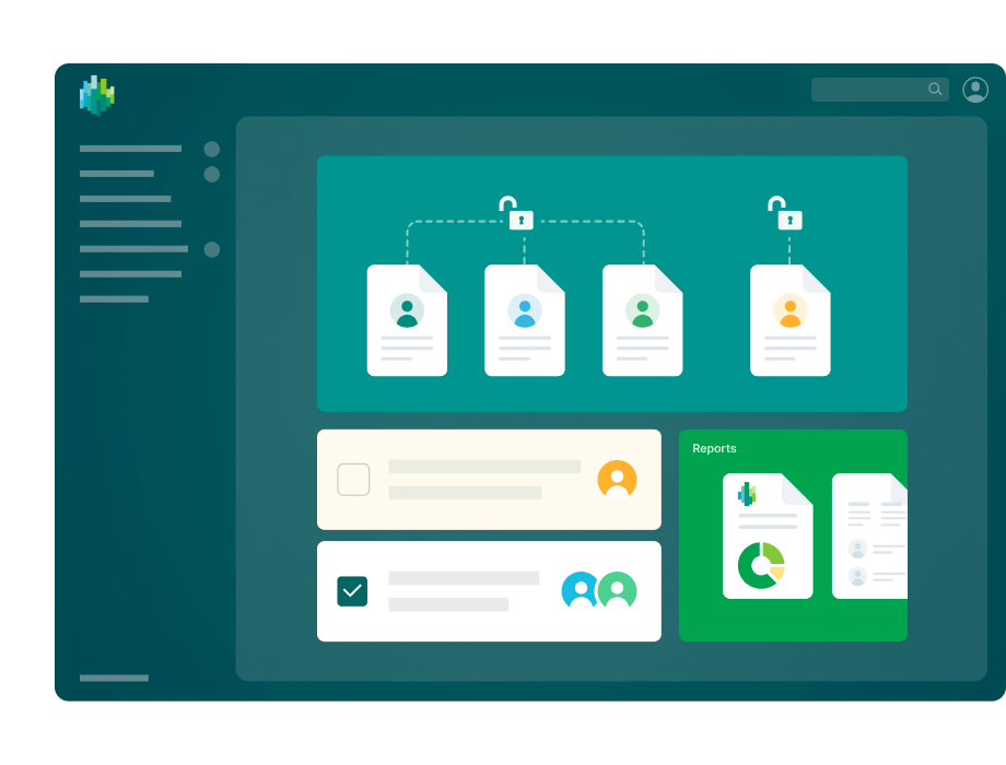 A digital interface shows user accounts, connecting documents, reports, and charts. Icons and navigation elements indicate a data management or organizational tool.