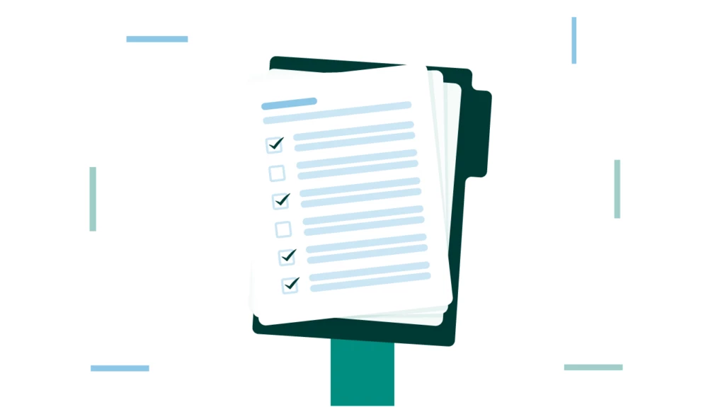 A person holds a filing system with documents and checked lists, standing in a bright, minimalist space with subtle blue decorative elements.