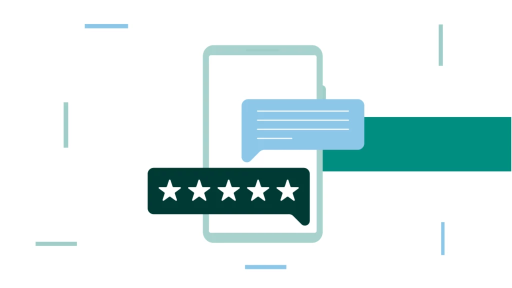 Illustration of a smartphone with a chat bubble and five-star rating overlay. Blue and green accents add a modern digital theme.