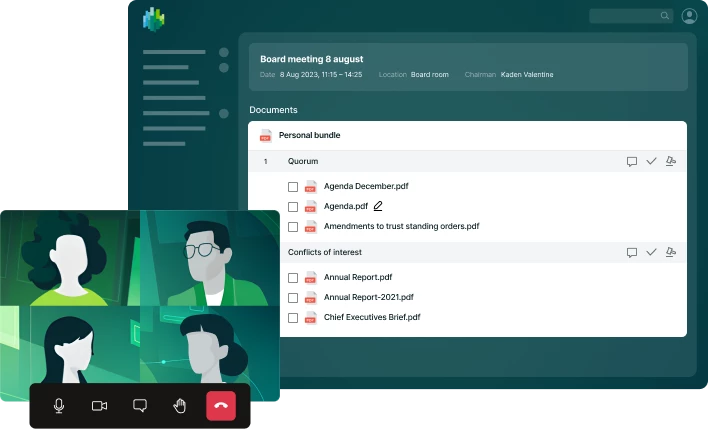 Video conference screen with four illustrated people, board meeting agenda, and document list displayed. No recognizable landmarks or historical buildings present.