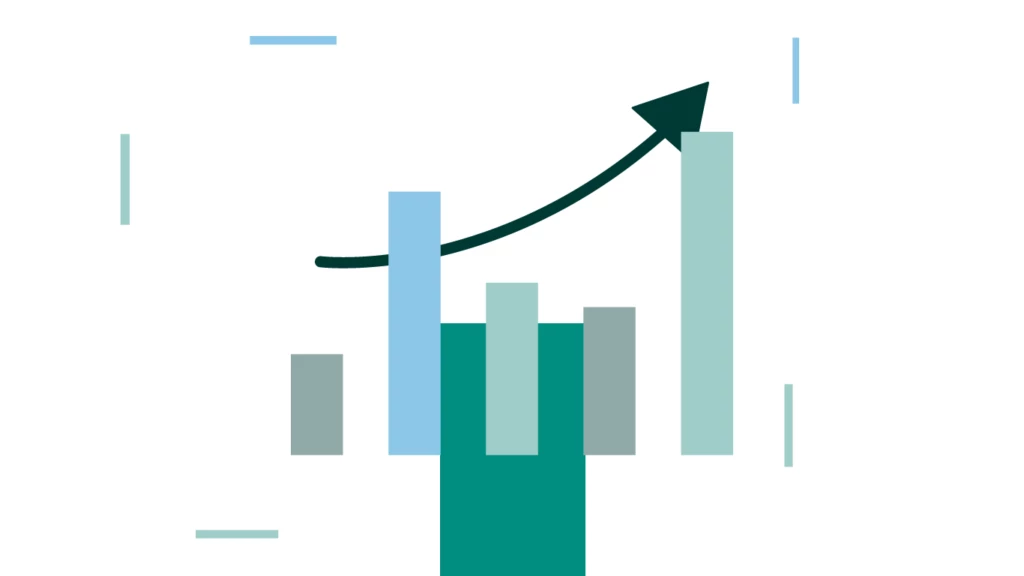A bar chart with upward arrow shows growth, featuring a series of bars in various heights and colors, symbolizing increasing trends.