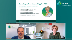 Three-person video call presentation featuring governance expert. Office backgrounds, flowers, framed certificates, and informational text panel. No recognizable landmarks or historical buildings.