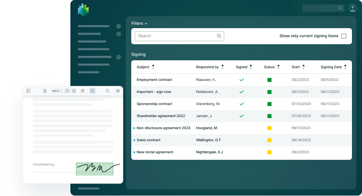 A digital dashboard displays document signing status, names, and dates. An electronic signature appears in a separate window on the left.