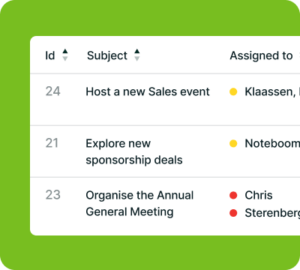 A task list on a green background shows assignments for hosting a sales event and exploring sponsorship deals, with various people assigned.