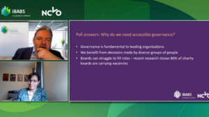 Two people in a video call discussing accessible governance. Text lists benefits and challenges. Logos: iBABS, NCVO. Office and home backgrounds.