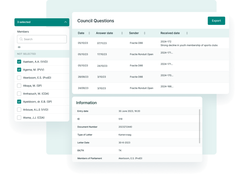 A digital interface displays council questions, member selections, and information entries, including dates and document numbers. Export option available for data management.