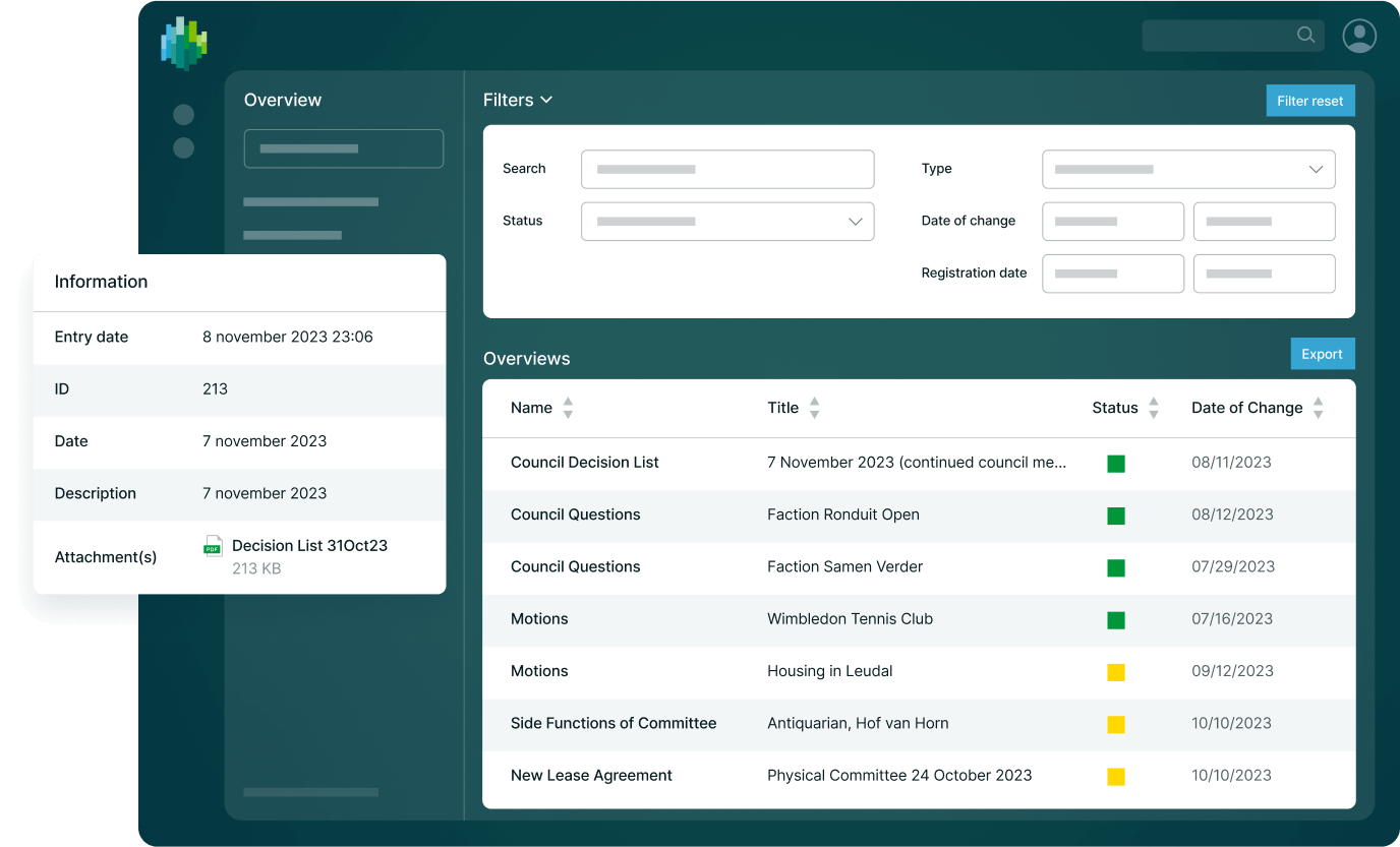 A digital dashboard displays council information with search filters and a list of items including Council Decision List, Motions, and New Lease Agreement.