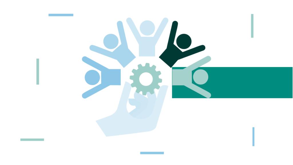 Illustration of diverse people surrounding a gear, symbolizing teamwork and collaboration, with a hand offering support underneath. Minimalistic, abstract design.