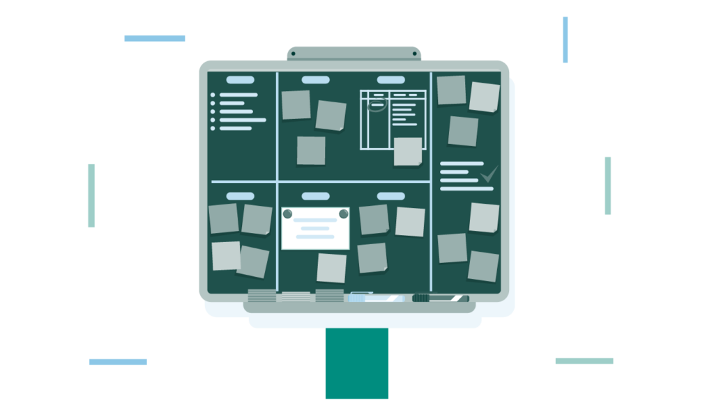 A digital Kanban board with sticky notes and lists, organized in columns, represents workflow management and task organization on a green background.